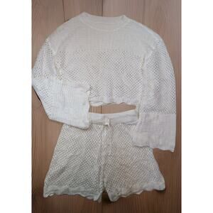 Coastal Crochet Matching Set White Beach Cover Up Lounge Shorts Large Unlined